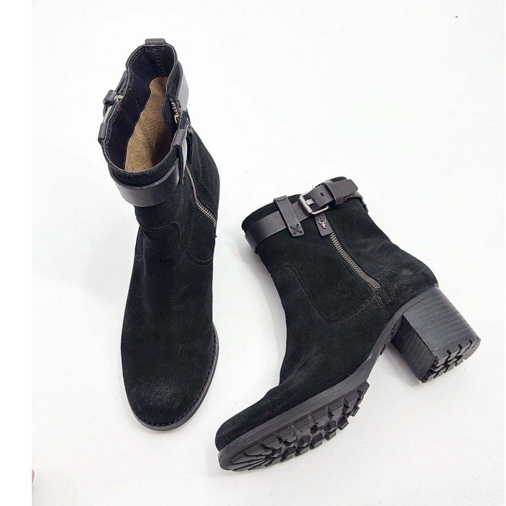 Trask Madison Suede Moto Ankle Boots, Buckle Accents Zipper Block Heel Black 7M